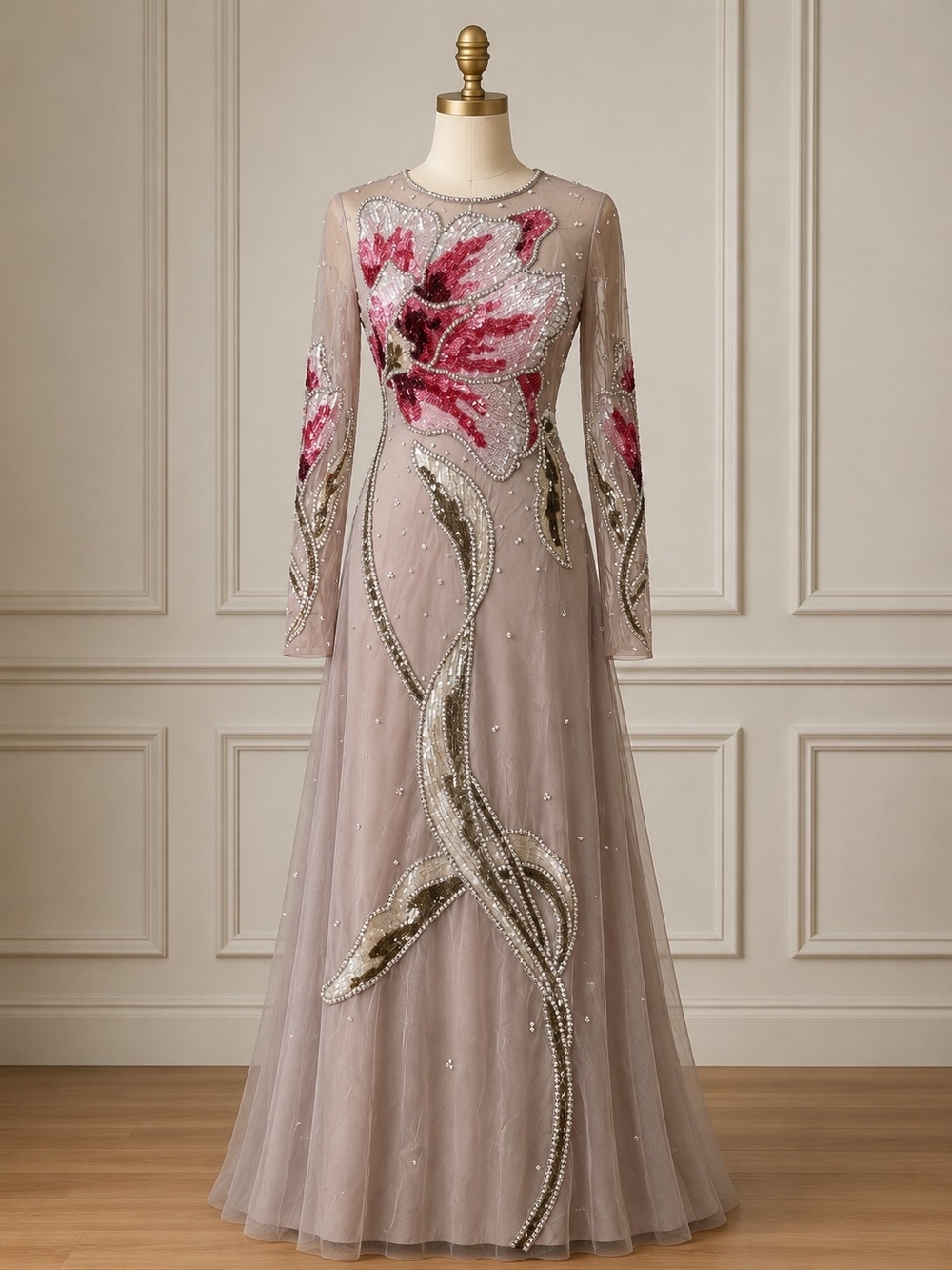 Embellished Pink Floral Evening Gown